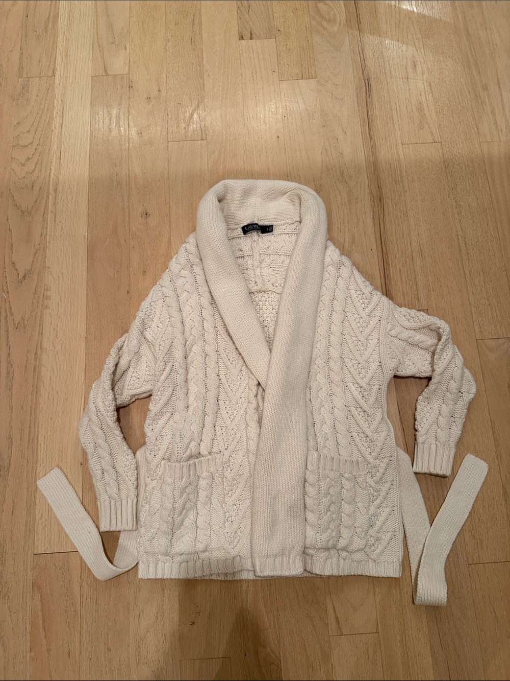 Lauren Ralph Lauren Ivory Cable Shawl-Collar Cardigan